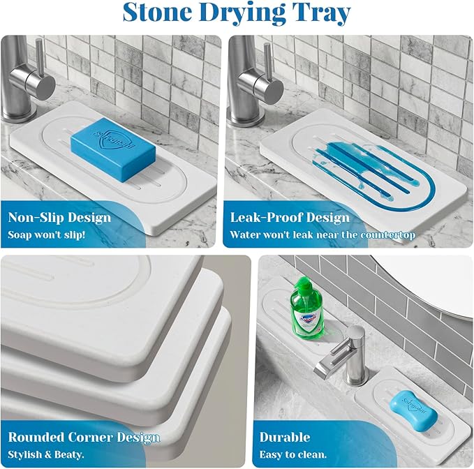 Water Absorbing Stone Drying Tray Mat, Countertop Fast Drying Counter Trays, Stone Drying Mat for Kitchen Counter Faucet, Soap Dish Dispenser Vanity Organizer for Hand Soaps Plants Toiletries