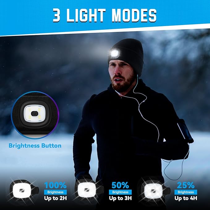 Beanie Hats with Light, USB Rechargeable LED Hand Free Headlamp, Ideal for Camping, Hiking, Fathers Day Dad Gifts, Birthday Gifts for Husband, Dad, Men, 2 Pack, Black