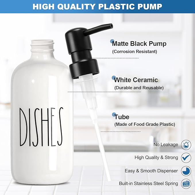Dish Soap Dispenser for Kitchen, Ceramic Dish Soap Dispenser with Sponge Holder, White Dispenser Set with Tray, 3 in 1 Countertop Sink Organizer, Farmhouse Modern Kitchen Decor