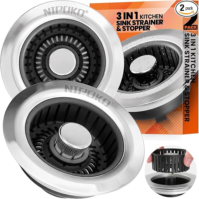 Kitchen Sink Drain Strainer & Sink Stopper, Upgraded Stainless Steel Drain Plug Combo with Anti-Clog Basket, Pop Up Drain Cover for Standard 3-1/2'',Garbage Disposal Parts