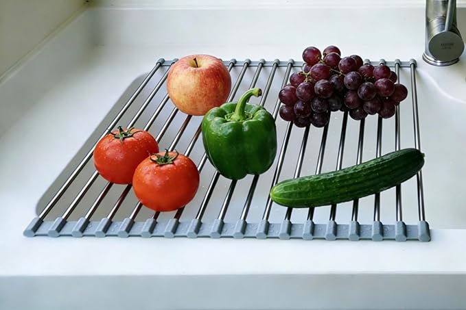 Roll Up Dish Drying Rack, Stainless Steel and Silicone Dish Drying Mat Over The Sink Foldable Drain Rack Multipurpose Dish Drainer for Kitchen, 14.5” x 14”, Gray