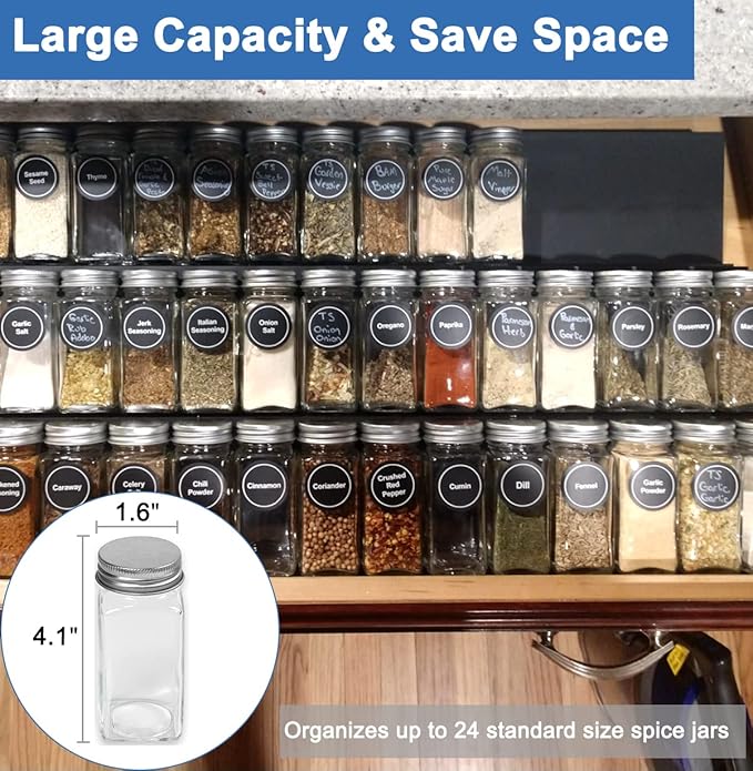 Expandable Spice Drawer Rack Organizer Insert for Kitchen Cabinet - Multi Tier Adjustable Spice Storage Shelf for Seasoning and Jar, Pack of 6