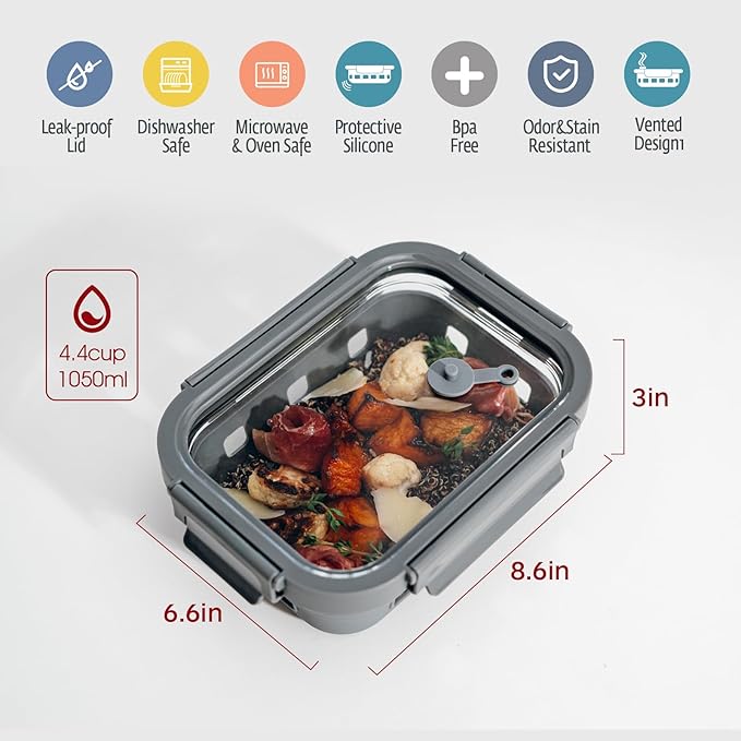 GENICOOK Glass Meal Prep Containers 5-Pack With Glass Lids & Steam Vent, 35 Oz / 4.4 Cups Leakproof Airtight Food Storage Containers, Borosilicate Glass, Microwave And Dishwasher Safe, Bpa-Free