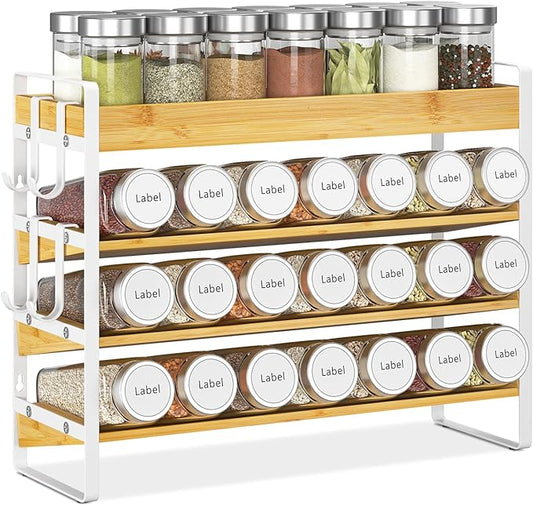EsLuker.ly Spice Seasoning Rack Organizer Kitchen Countertop, 4 Tier Bamboo Spice Shelf Holder Storage with 4 Hooks, Wall Mounted Freestanding Stand for Pantry, Bamboo-White(Jars Not Included)