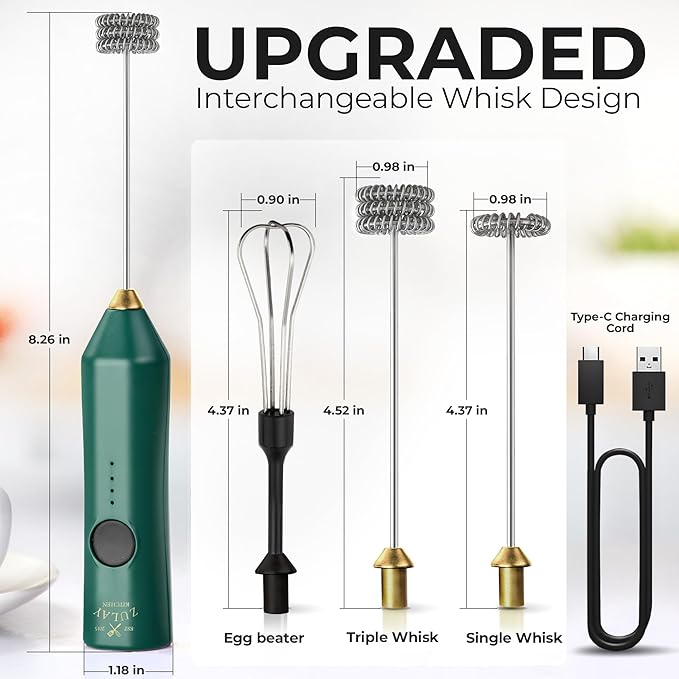 Zulay Kitchen Rechargeable Milk Frother Handheld - Frother Wand, Drink Mixer, Electric Whisk Frother, for Cappuccinos, Matcha & Protein Powder - Dynamic 3 Whisk, 3 Speed 500mAh Green Gold