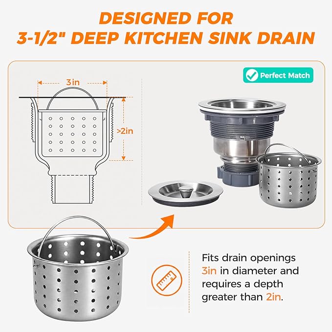Deep Sink Strainer Basket – Fits Standard 3-1/2" Kitchen Drains – Stainless Steel Removable Strainer with 30 Disposable Mesh Bags – Makes Cleaning Food Debris Quick & Easy