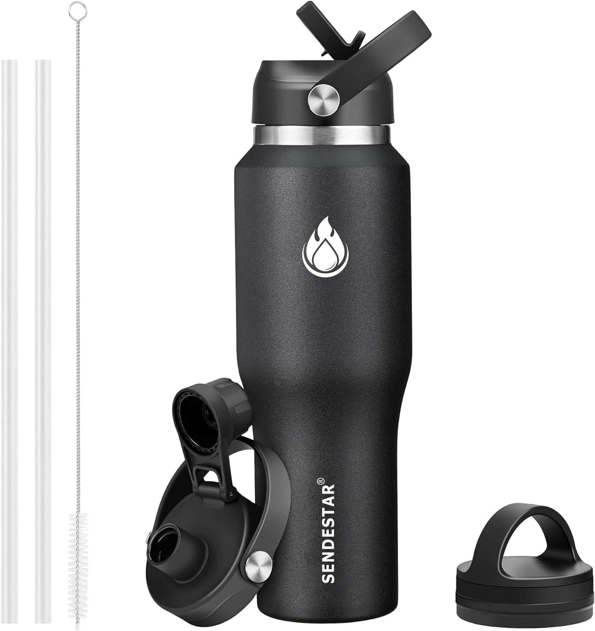 40oz Stainless Steel Water Bottle(Cold for 48 Hrs, Hot for 24 Hrs),Double Wall Vacuum Insulated Bottle with Straw Lid, Spout Lid and Flex Cap, Fit in Any Car Cup Holder,Black