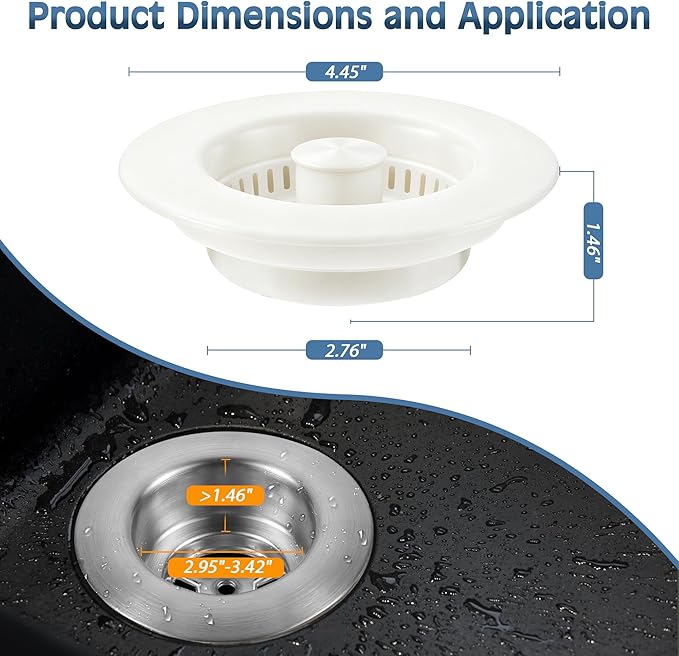 Kitchen Sink Drain Strainer 3 in 1, 304 Stainless Steel Pop Up Sink Stopper, Anti-Clogging Sink Drain Strainer for US Standard Kitchen Drain (White)
