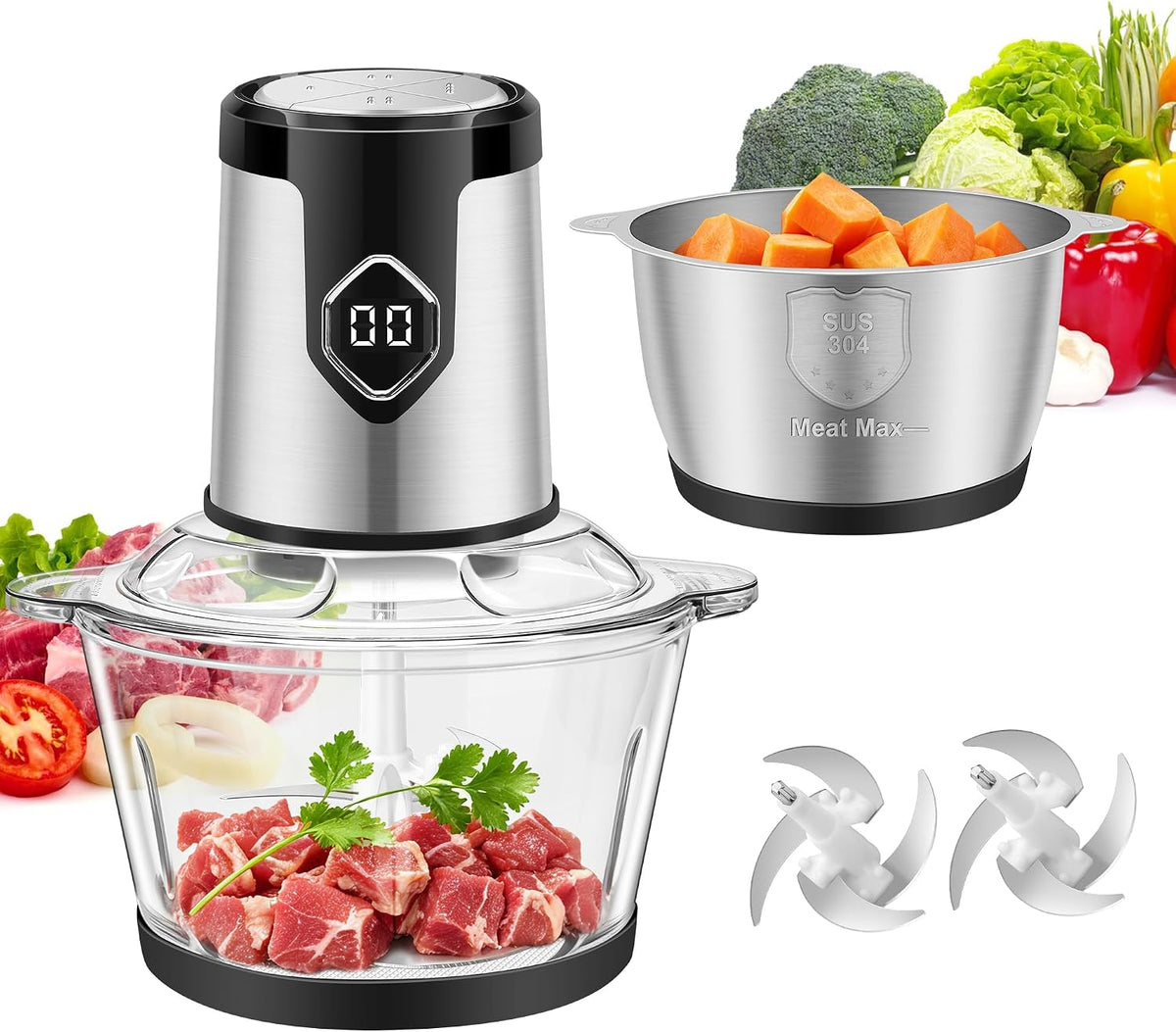 Food Processor with 2 Bowls, 4-Speed Electric Food Chopper & Meat Grinder