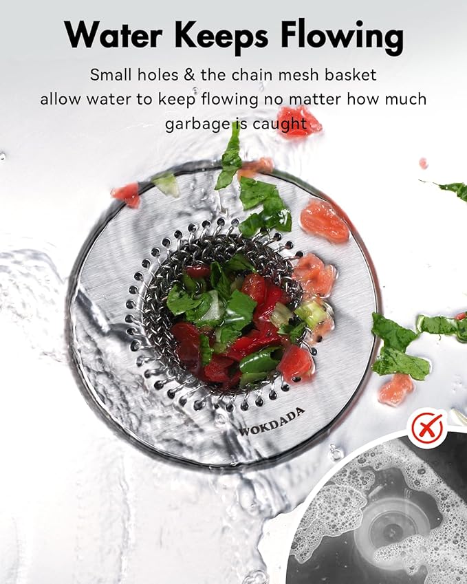 Wokdada Sink Drain Strainer, Reversible No Clog Mesh Kitchen Sink Drain Strainer, 304 Stainless Steel & Rust-Proof/Masterfully Handcrafted, Easy Clean, Dishwasher Safe, Fits Standard Sink Drain