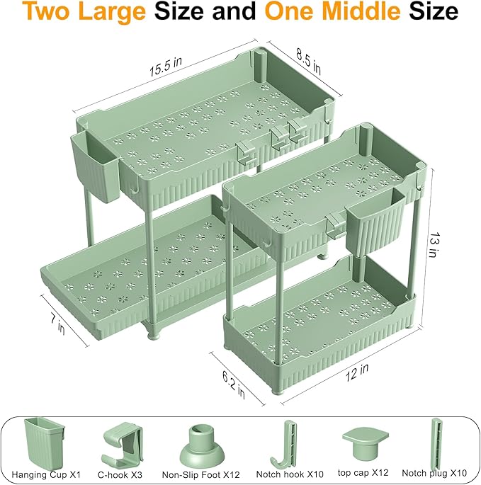 Sevenblue 3 Pack Under Sink Organizers, 2-Tier Multi-Use Kitchen and Bathroom Organizers and Storage with Sliding Drawers，Bathroom Cabinet Organizer (Green, 12.8 Inch)