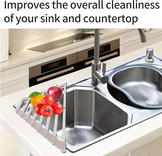 Triangle Dish Drying Rack for Sink Corner Roll Up Dish Drying Rack Folding Stainless Steel Multipurpose Over The Sink Corner Dish Drainer Mat for Kitchen (Hard and Stable Grey)