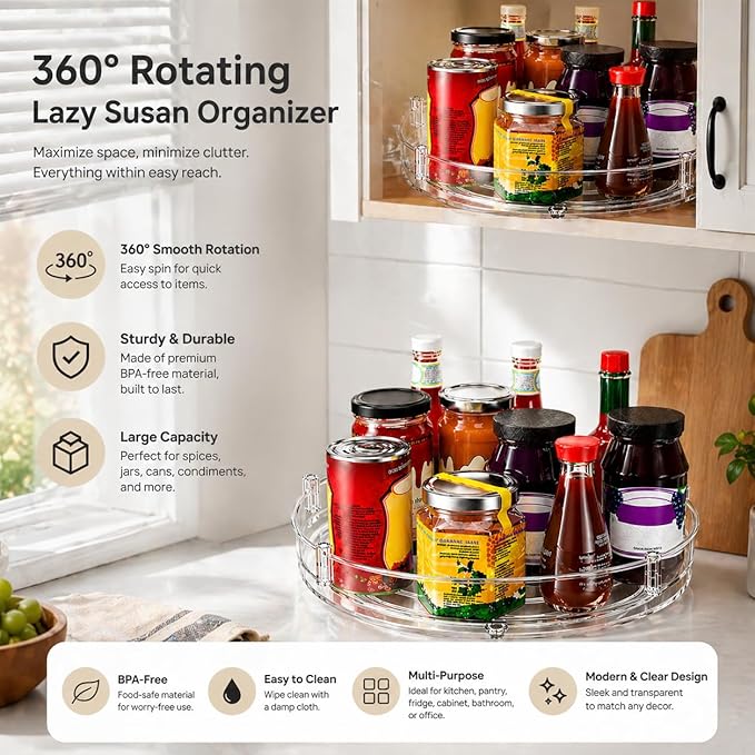 2 Pack Lazy Susan Organizer, Rotating Spice Rack Turntable for Kitchen Cabinet Pantry, Clear Storage Tray for Refrigerator Countertop Bathroom Organizer