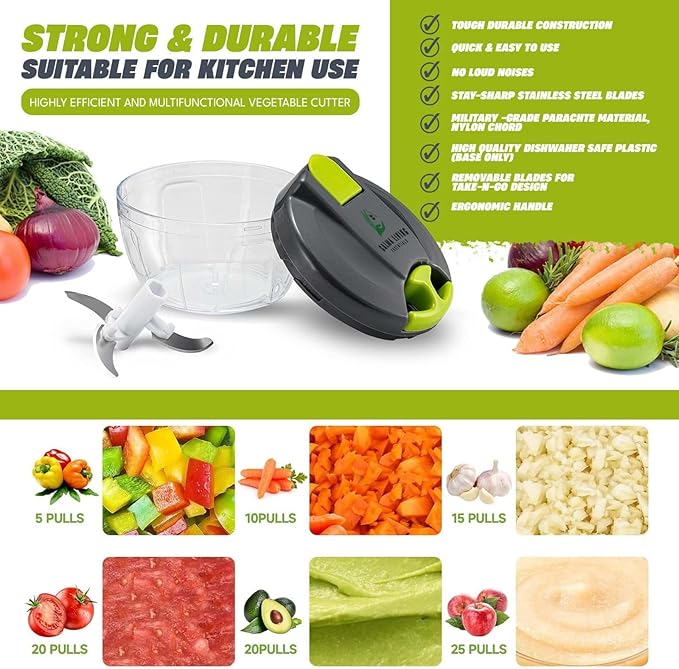 Manual Food Chopper, Hand Pull Vegetable Chopper with Stainless Steel Blades, Multi-Function Food Processor for Onion, Garlic, Meat & Fruits