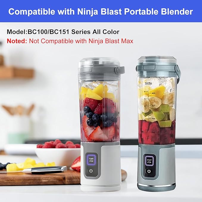 Replacement Blender Cup with Lid for Ninja Blast Portable Blender BC100 & BC151 Series: 18 oz Blender Cup Accessories Part Compatible with Ninja Blaste Blender (Grey)