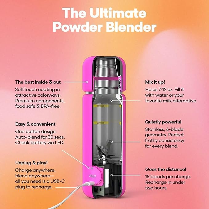 VEJO 12oz Electric Protein Shaker Bottle – USB Rechargeable Powder Mixer for Protein Shakes, Pre-Workout, Creatine | No Clumps, No Ball | 6-Blade Blending | BPA-Free | Gym Bag Travel Size | Red