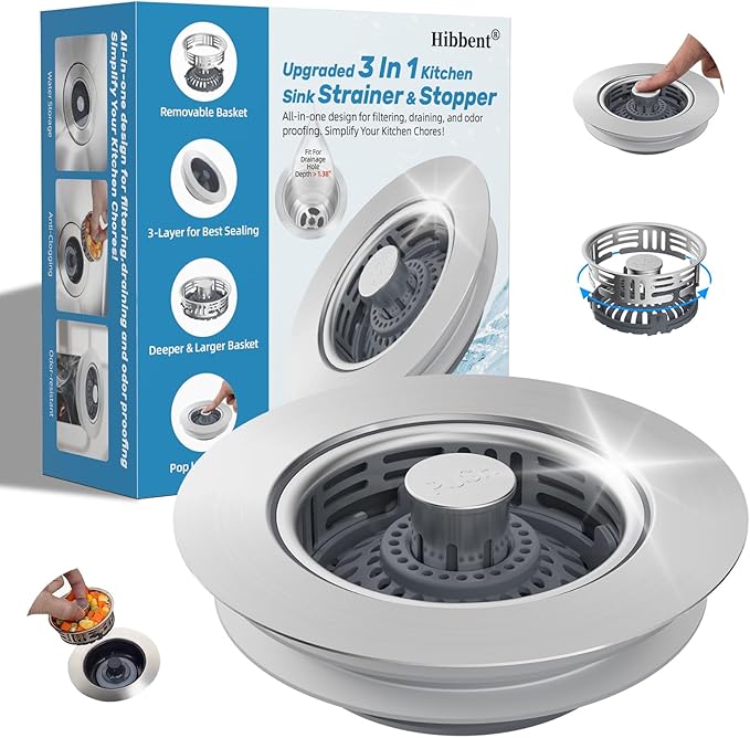 Hibbent Upgraded 3 in 1 Kitchen Sink Drain Strainer, Stainless Steel Pop Up Sink Stopper, Larger Anti-Clogging Basket, 3-Layer Seal, Detachable Drain Plug for US Standard 3-1/2" Drain, Brushed Nickel