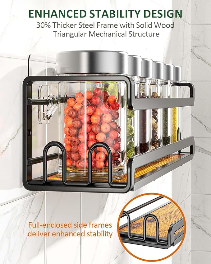 Doakhirmit 4 Pack Wall Mount Spice Rack with 16 Hooks,Hanging Spice Rack Organizer for Stove Cabinet Pantry Door, Screw or Adhesive Wooden Spice Shelf for Kitchen and RV Camper, Black
