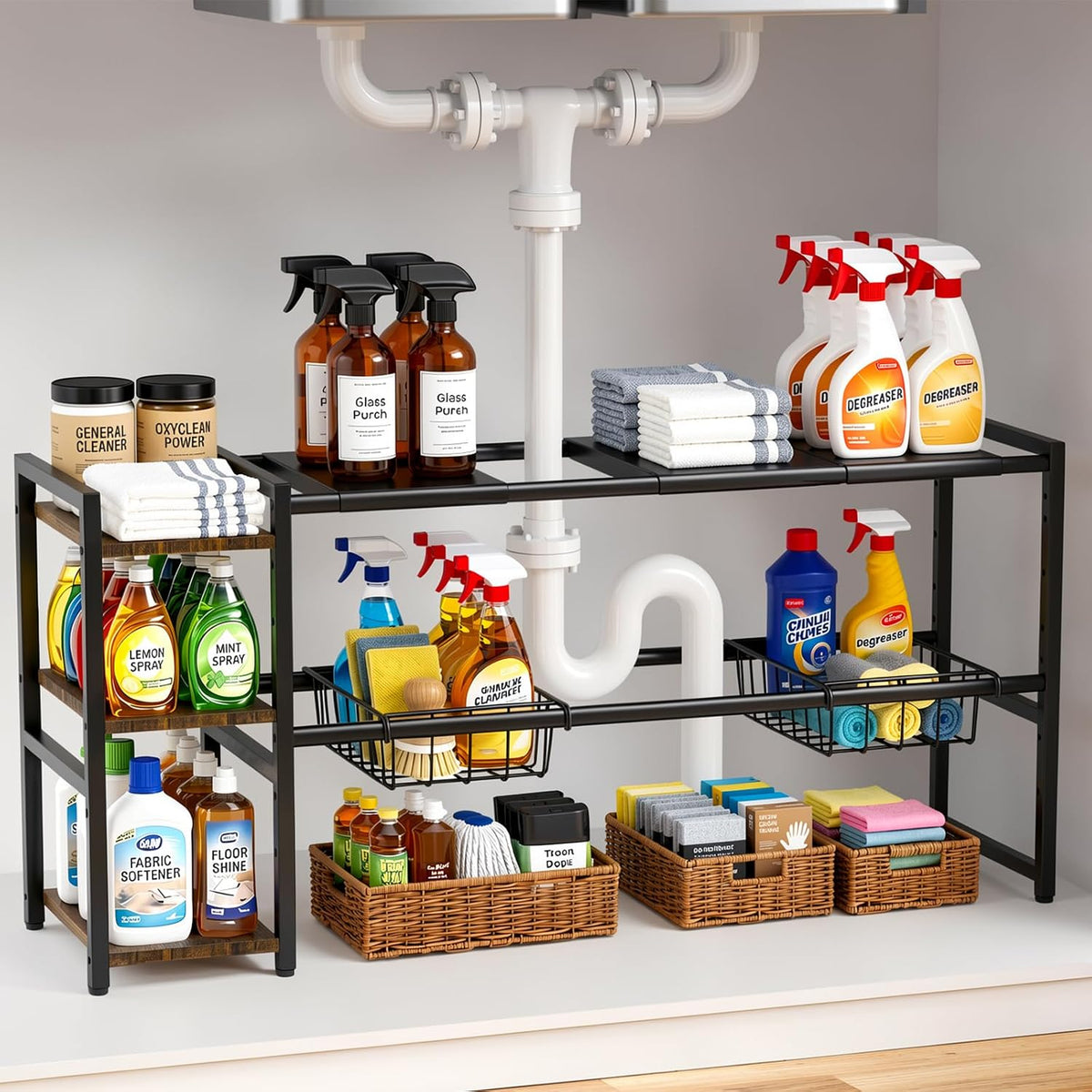 Expandable Under Sink Cabinet Organizer Rack and Storage Shelf