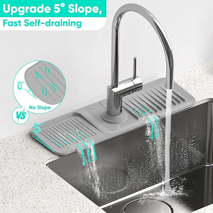 17.7'' Faucet Mat for Kitchen Sink [5°Slope Fast Self-draining] Kitchen Sink Splash Guard Silicone Kitchen Sink Faucet Mat Splash Guard for Kitchen Sink Area Tidy Splash Faucet Guard Draining Mat