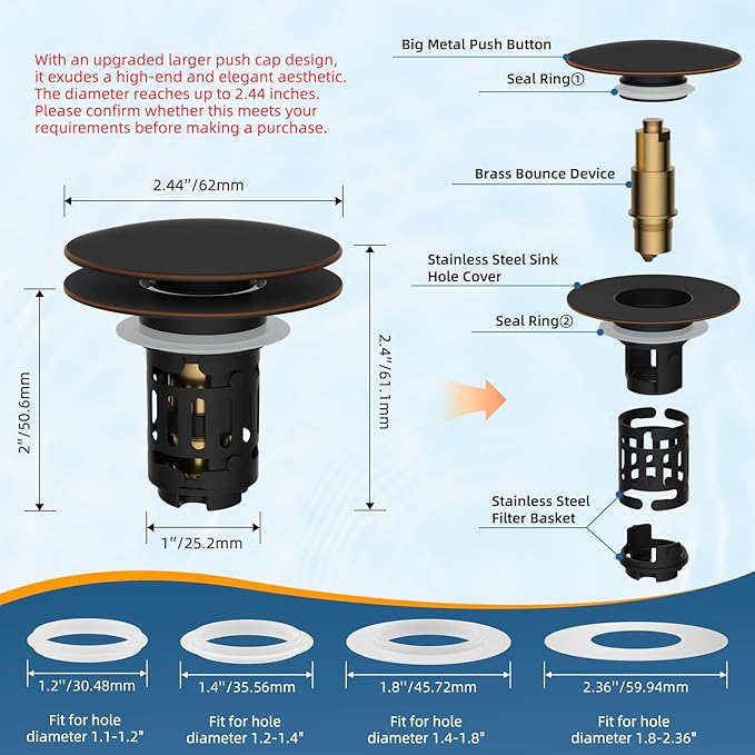 Hibbent 2 Pack 3 in 1 Bathroom Sink Drain Strainer, Pop Up Sink Stopper with Big Push Cap, Anti-Clogging Metal Filter Basket,Sink Plug with Hair Catcher for 1.1''~2.36'' Basin, Oil-Rubbed Bronze