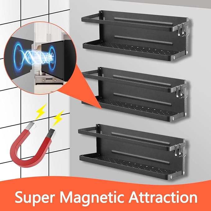 Magnetic Shelf with Paper Towel Holder for Fridge/Washing Machine/Garage, Magnet Kitchen Spice Rack for Refrigerator, Wall Mount Storage Organizers (Black)
