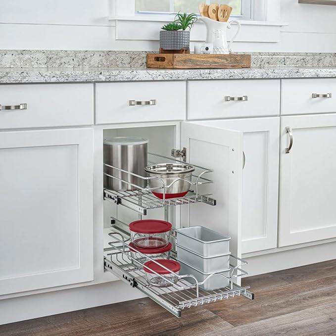 Rev-A-Shelf 2-Tier Pullout Shelf and Drawer Organizer for Kitchen Cabinets, Slide Out Storage Basket, Min Opening Width of 14.5", 15" x 22", 5WB2-1522CR-1