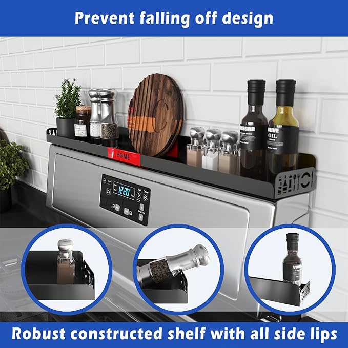 STUTOV 30" Magnetic Stove Top Shelf – Black Spice Rack with Red HOME Design – Seasoning Organizer for Back of Stove – Over Stove and Kitchen Storage Shelf