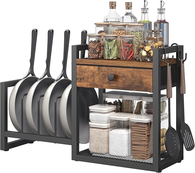 MAHANCRIS Countertop Shelf Organizer, Pots and Pans Organizer Rack, Pot Lid Holder with 1 Drawer, Pot Lid Organizer Holder with 2 Hooks, for Kitchen, Dining Room, Rustic Brown POHR2201