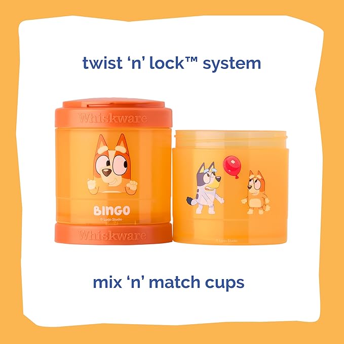 Whiskware Bluey Stackable Snack Containers for Kids and Toddlers, 3 Stackable Snack Cups for School and Travel, Bluey and Bingo, Hooray! (Pack of 1)