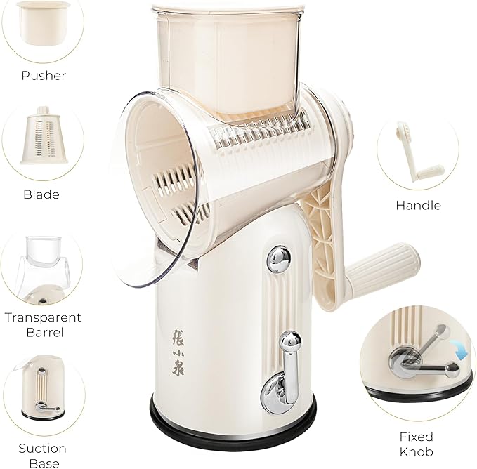 ZHANG XIAO QUAN SINCE 1628 Rotary Cheese Grater, Cheese Shredder with Stable Suction Base, Labor-Saving Vegetable Slicer for Kitchen, Mandoline Slicer & Food Chopper & Kitchen Prep Tool, 5-in-1, Beige