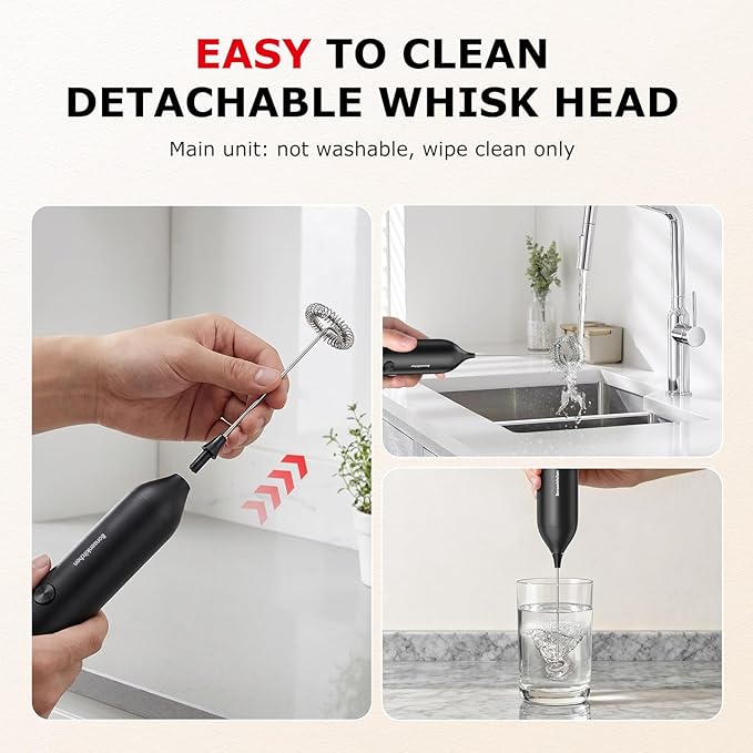 Bonsenkitchen Rechargeable Milk Frother Handheld, Electric Drink Mixer with Stainless Steel Whisk, Charging USB-C, Portable Foam Maker for Coffee Matcha Lattes Cappuccino, Kitchen Gifts
