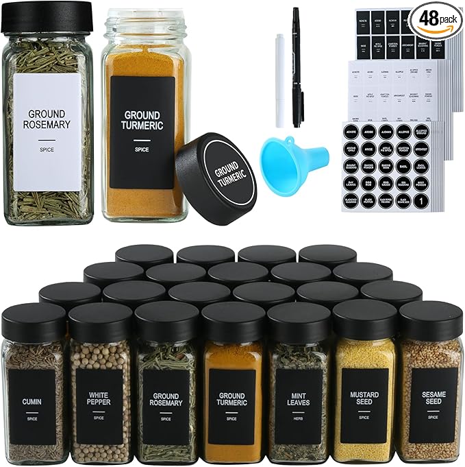 48 Glass Spice Jars with Labels, Spice Jar Set, 4oz Spice Containers, Seasoning Containers with Black Airtight Lids and Shaker Lids, Square Empty Spice Bottles, 492 Labels, 1 Funnel