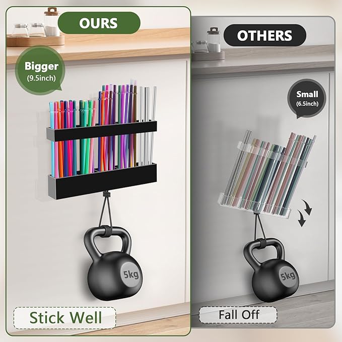 Malldii 9.5" Large Acrylic Straw Holder for Cabinet Door - Reusable Tumbler Straw Organizer Storage, Small Kitchen Accessories Container, Ultra Sticky Cupboard Door Mounted (Black)