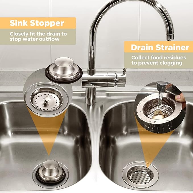 Mudder 3 Pcs Kitchen Sink Drain Strainer and Stopper Stainless Steel Garbage Disposal Plug with Handle Universal Anti-Clogging Kitchen Sink Filter Sieve Basket Strainer(Brushed Silver)
