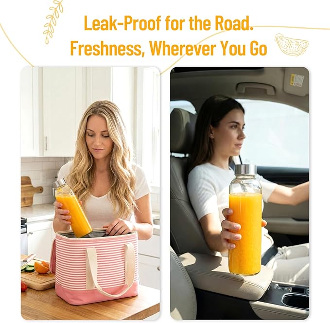Luxfuel Clear Glass Bottles with Lids 18 oz, Reusable Glass Water Bottles with Stainless Steel Cap for Refrigerator, Juicing, 100% Leak Proof, BPA Free, Juice Bottle Drinking Jar Containers Set of 6