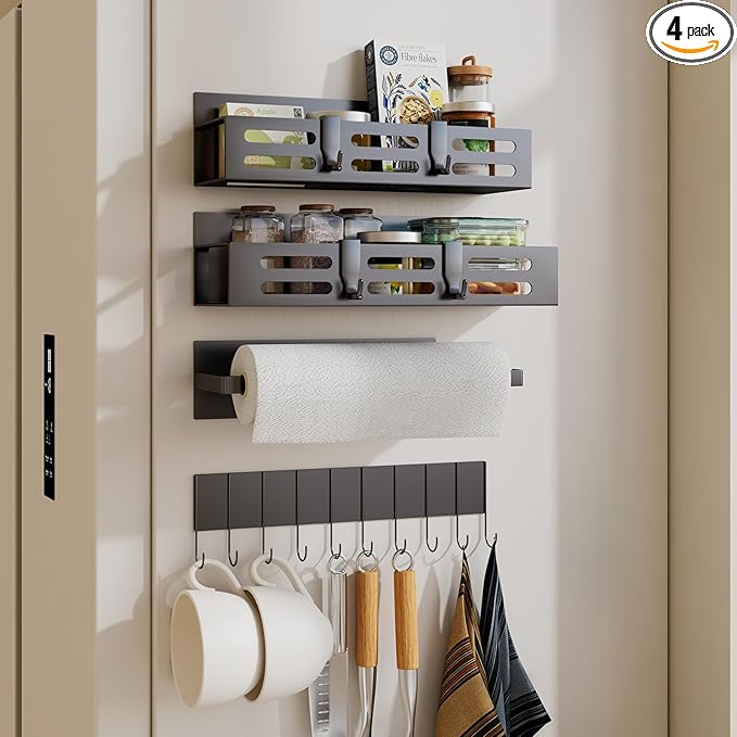 SETBAOO 4 Pack Magnetic Spice Rack for Refrigerator with 4-Hook Rack and Paper Towel Holder, Black Magnetic Shelf and Fridge Kitchen Cabinet Organizers Storage Seasoning Organization Mini Shelves.