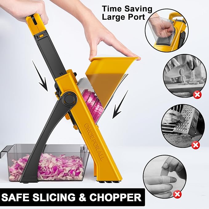 QYKIC Upgrade Safe Mandoline Slicer for Kitchen, Vegetable Chopper and Slicer, Potato Slicer Thickness Adjuster, French Fry Cutter, Veggie Onion Dicer Faster Kitchen Mandolin for Meal Prep