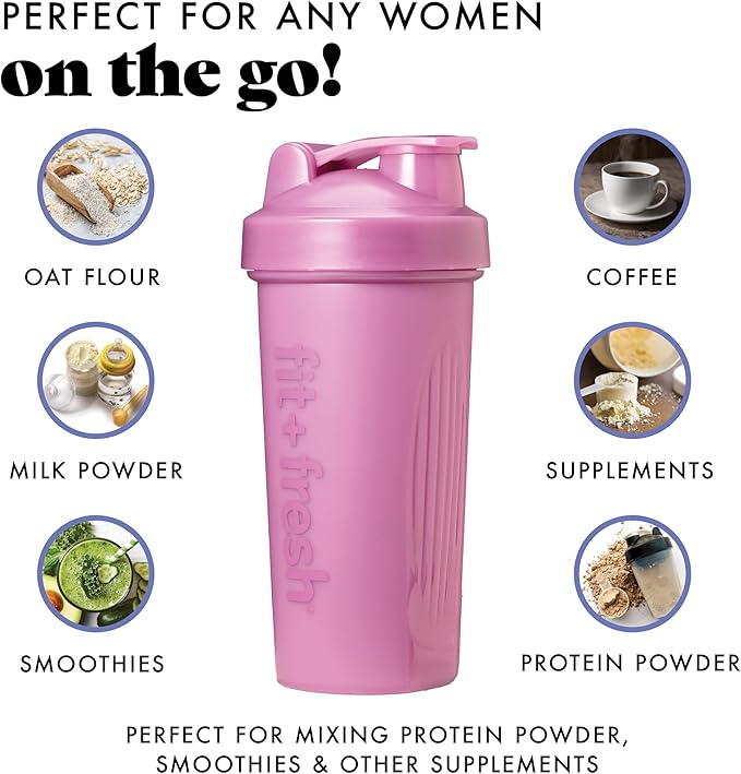 Fit & Fresh Shaker Bottle, Leak Proof Sports Blender Bottle for Protein Mix For Women, Durable Protein Shaker Cup 24 oz.with Unique Agitator for Smooth Mixing, Mauve