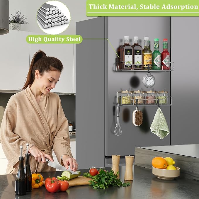 Magnetic Spice Rack for Refrigerator, 2 Pack Strong Magnet Spice Organizer Shelves with Hooks, Magnetic Fridge Shelf for Kitchen Organization and Storage, Seasoning Organizer Gadgets (Grey)