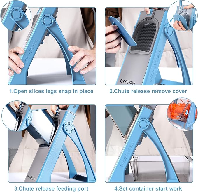 Safe Mandoline Slicer for Kitchen, 6 in 1 Vegetable Chopper, French Fry Cutter For Potatoes, Potato Slicer,Food Chopper,Adjustable Thickness 0.1-8 mm, With Peeler/Cleaning Brush (Blue)