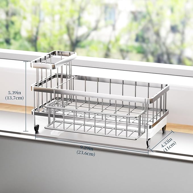 Consumest Sponge Holder for Kitchen Sink - Auto Draining Sink Caddy Organizer with Detachable Rack, High Brush Holder, Kitchen Countertop Storage Accessories, Silver