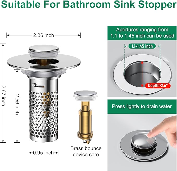 Bathroom Sink Drain Strainer,Universal Pop-Up Sink Stopper Hair Catcher, Anti-Clog Stainless Steel Drain Filter Basket, Removable Sink Drain for Bathroom Sink Stopper (YSilver-2（with Buckle）)
