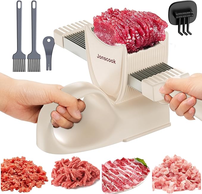 Fresh Meat Slicer with Steady Grip, Manual Fresh Meat Cutter, Meal Prep Ideas, Adjustable Thickness 2mm or 4mm, 17 Blades get 18 Meat Slices, Meat Cleavers can be Sliced, Striped, Diced -Pink
