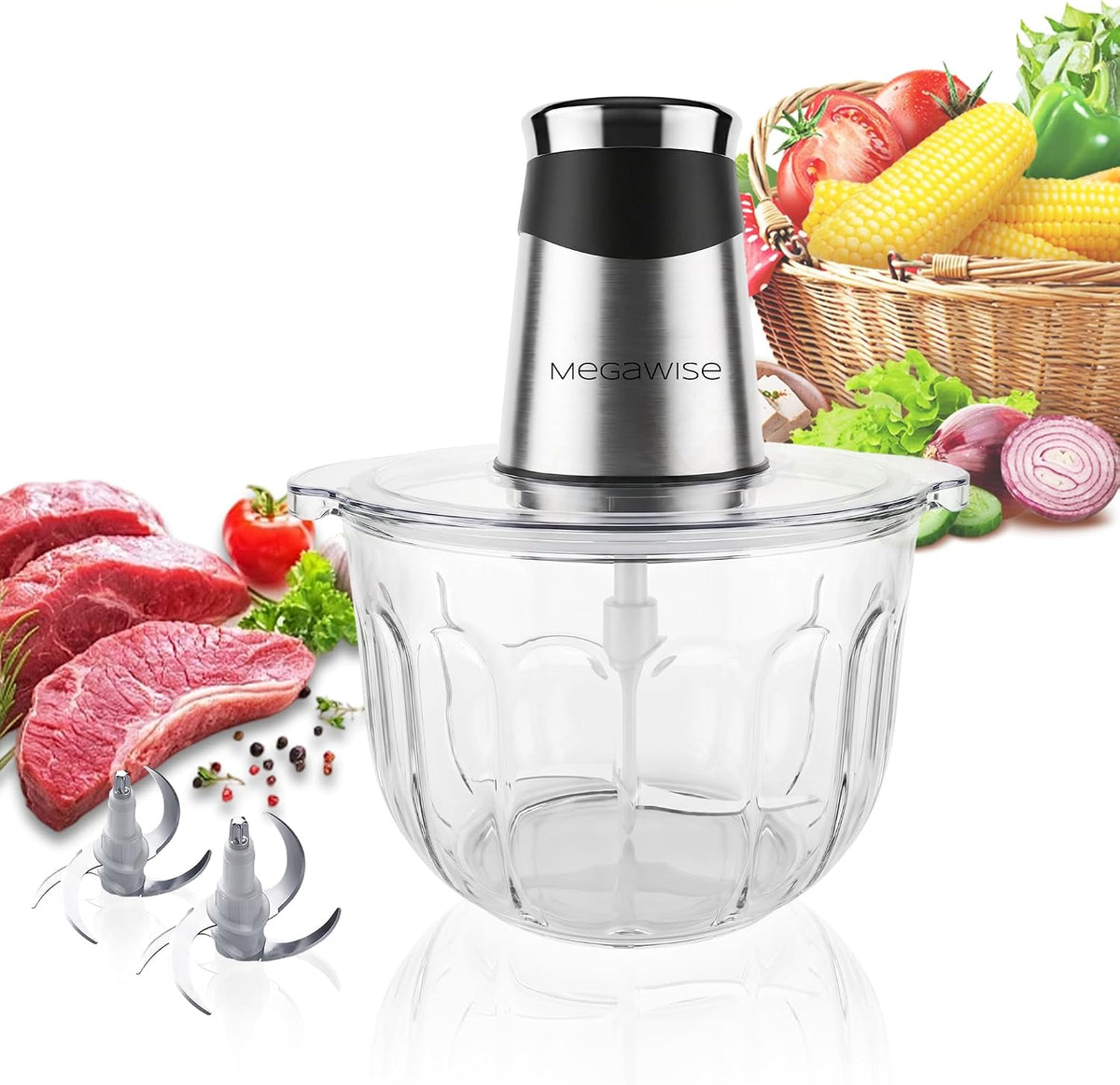 Electric Food Processor, 1000W Meat Grinder & Vegetable Chopper with 4L Thick Glass Bowl, 4 Blades and Dual-Speed Food Chopper for Meat, Vegetables, Fruits, Nuts, and Baby Food