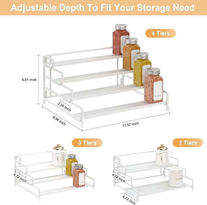 RUILALIFE 4-Tier-Spice-Rack-Organizer-for-Cabinet, Adjustable Depth Spice Holder Shelf For Countertop Pantry Cupboard, Metal Tiered Seasoning Organizer,Display Shelf Riser