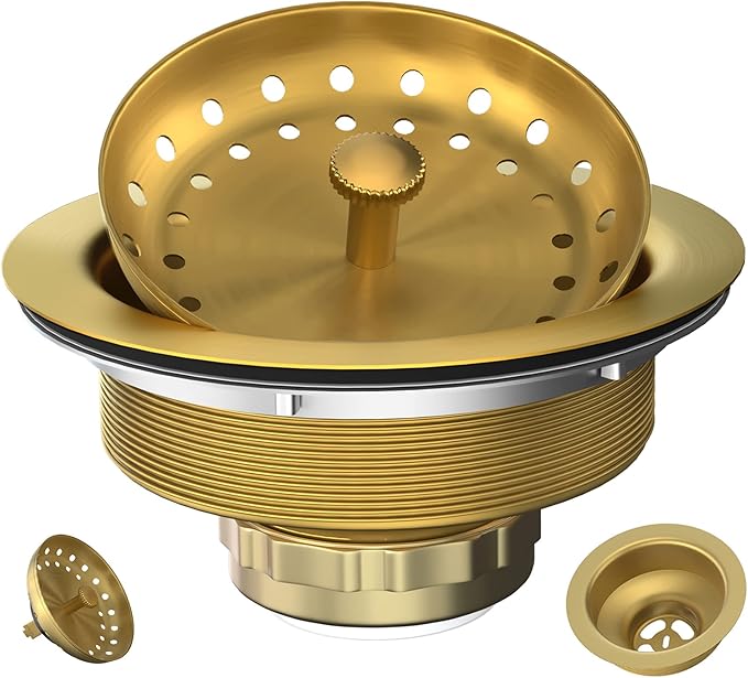 Kitchen Sink Drain Gold Sink Drain Strainer with Fixed Post 3-1/2 Inch Kitchen Drain Assembly with Strainer Basket and Drain Stopper for Standard Kitchen Sink Stainless Steel Brushed Gold