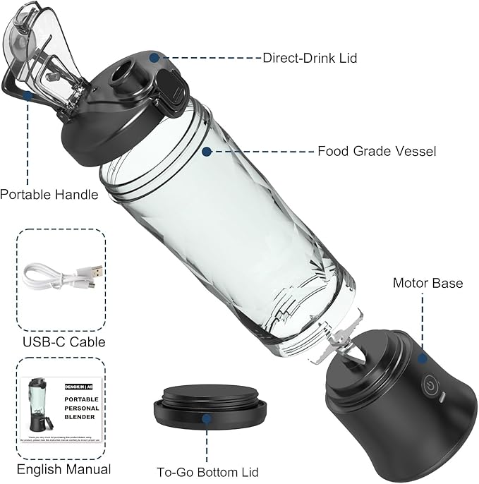 DENOKIN Portable Blender, Shakes and Smoothies Cordless Personal Size Blender 20oz with 6 Blade and a Travel Lid (Elegant Black)