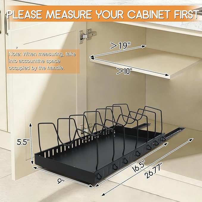 XIAPIA 2 Pack Pull Out Pots and Pans Organizer Under Kitchen Cabinet, Pot Lid Organizers, Slide Out Cookware Storage Rack with 8 Adjustable Dividers, Pull Out Shelves for Dishware Seasoning, Black