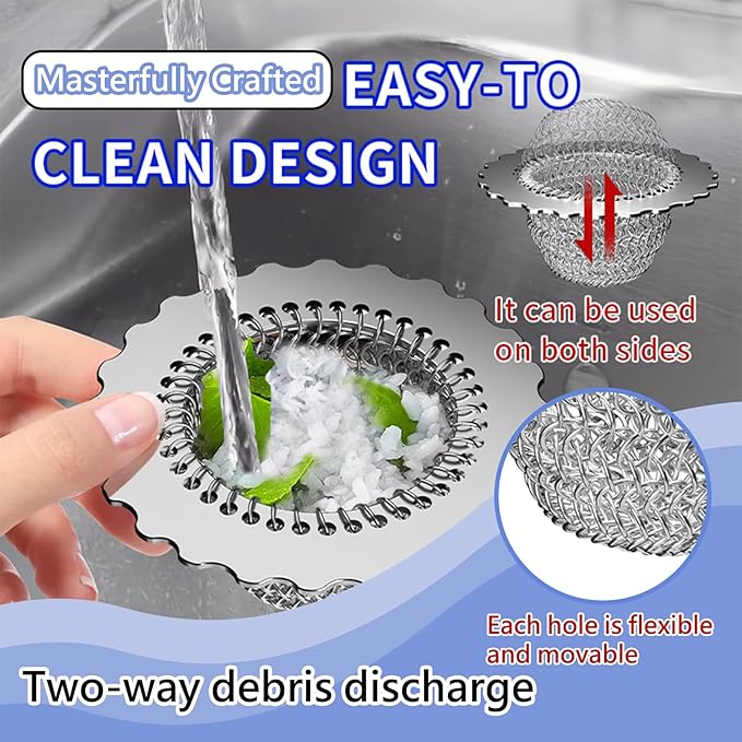 Kitchen Sink Drain Strainer, Patented 304 Stainless Steel Reversible Mesh Strainer with Flexible Chain, Handcrafted Anti-Clog Garbage Disposal Tool, Easy to Clean - 1 Pack